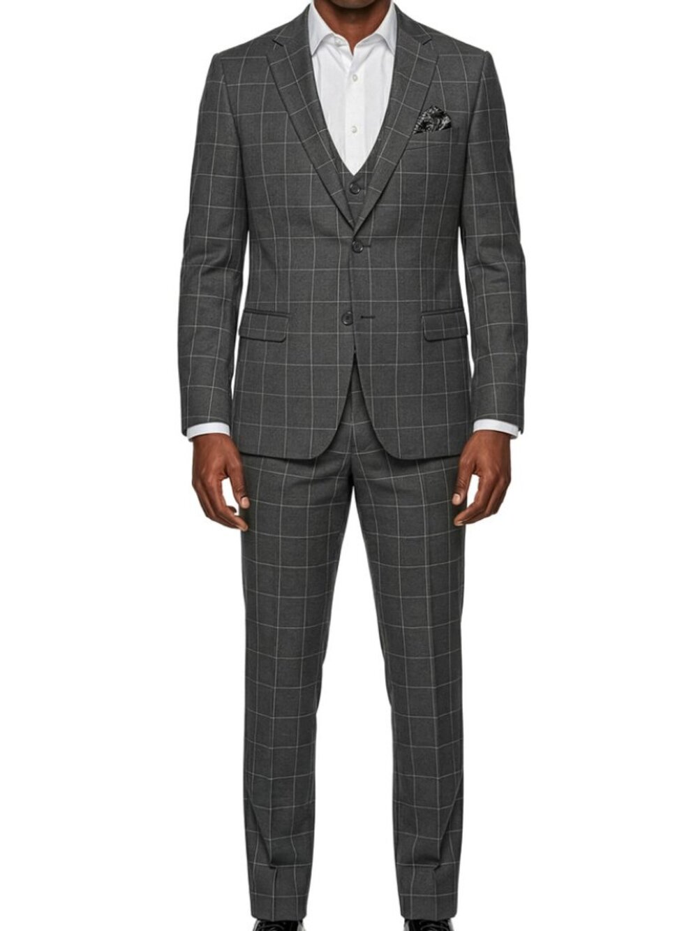 Grey Windowpane Notch Lapel 3 Piece Men's Suit